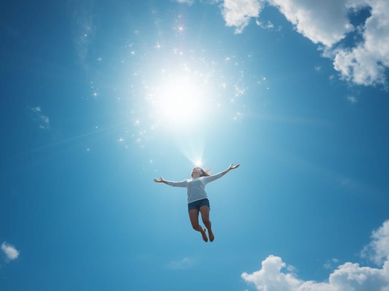 A woman floats in the sky, as knowledge beams into her brain.