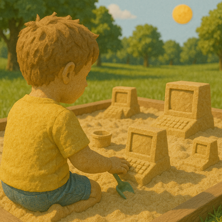 A kid made of sand, playing with sand computers in a sandbox